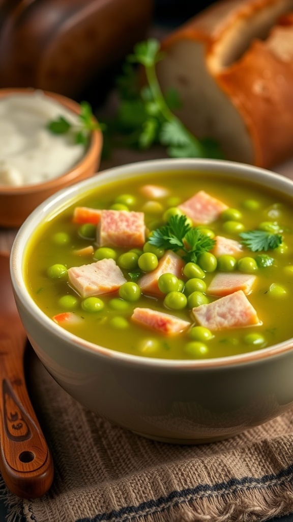 A bowl of split pea soup with ham, garnished with parsley, alongside a loaf of bread.